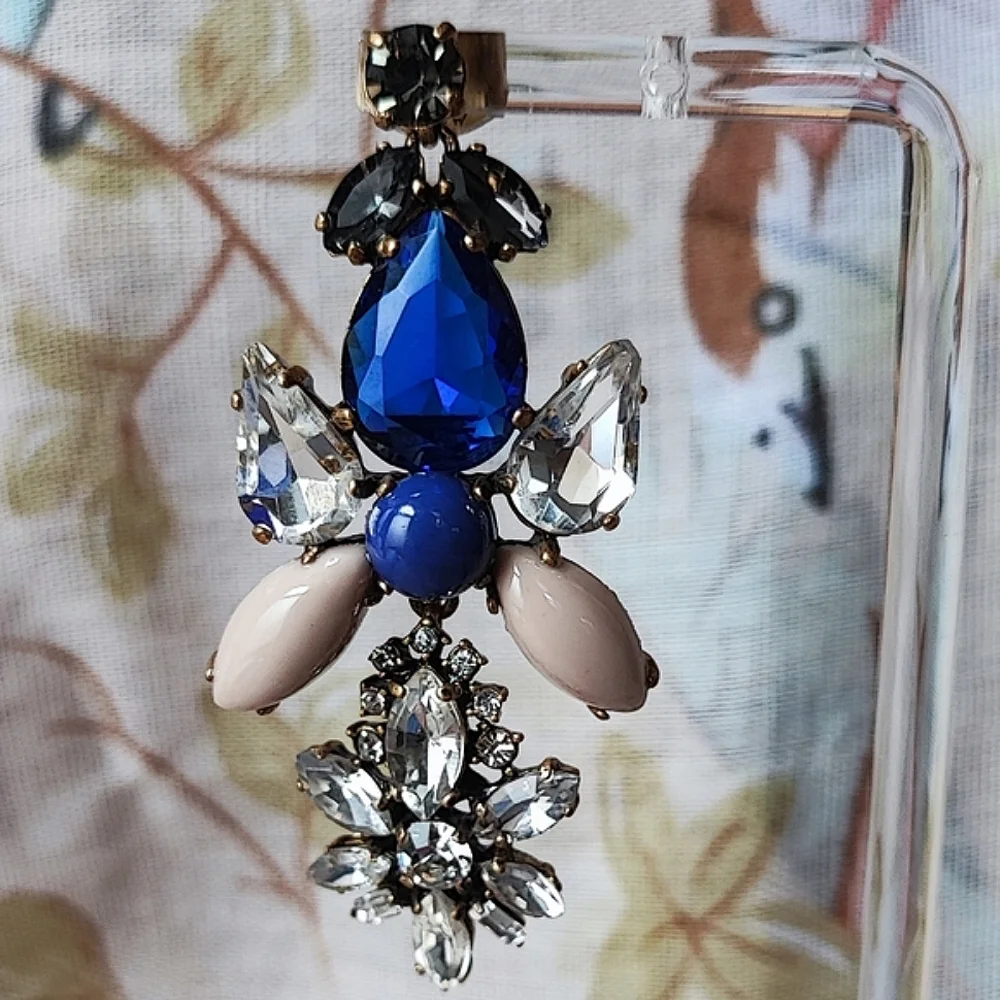 J. Crew Brand Sapphire Blue Opaque Cabachons Clear Rhinestones Pierced Earrings